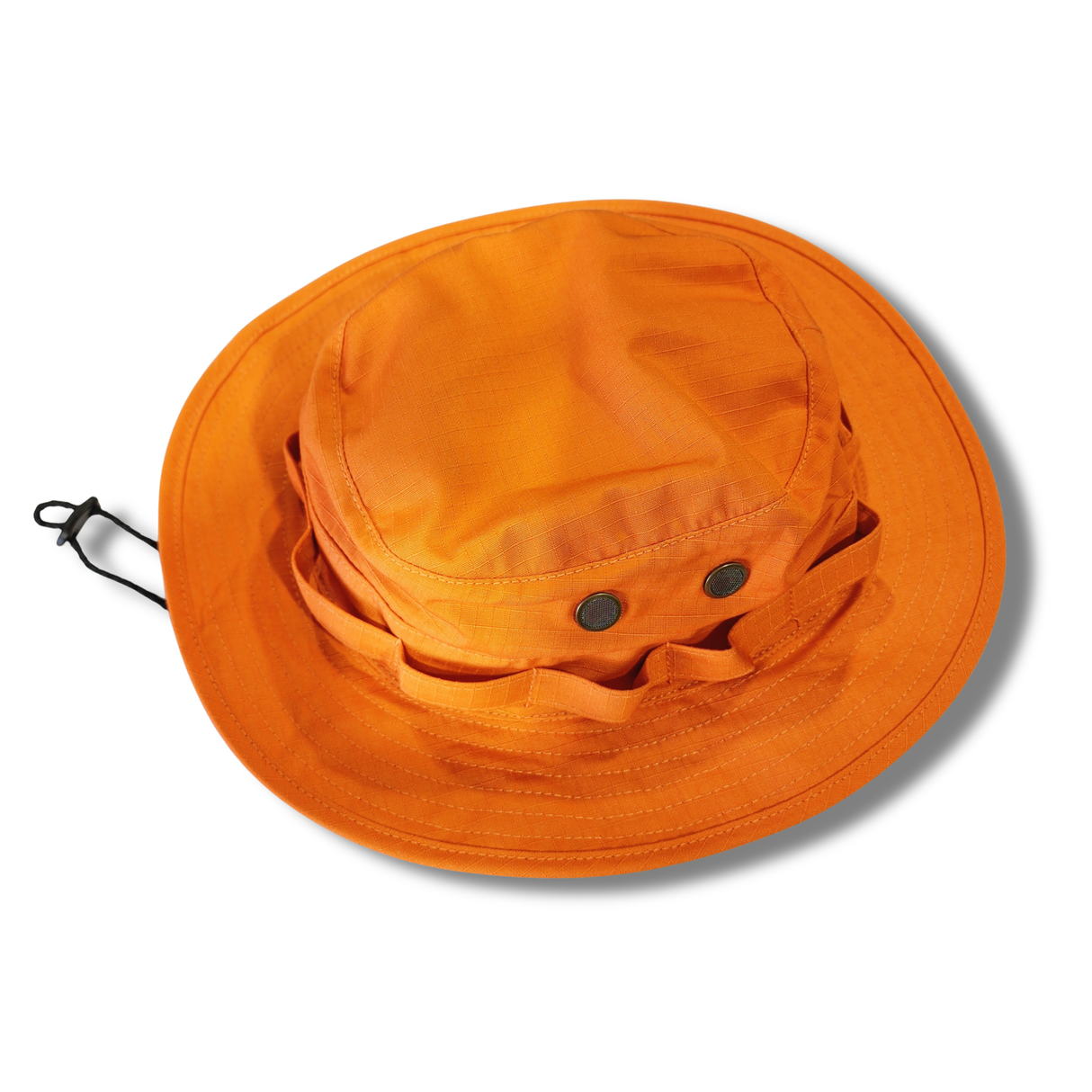 Orange bucket hat with a strap on a white background